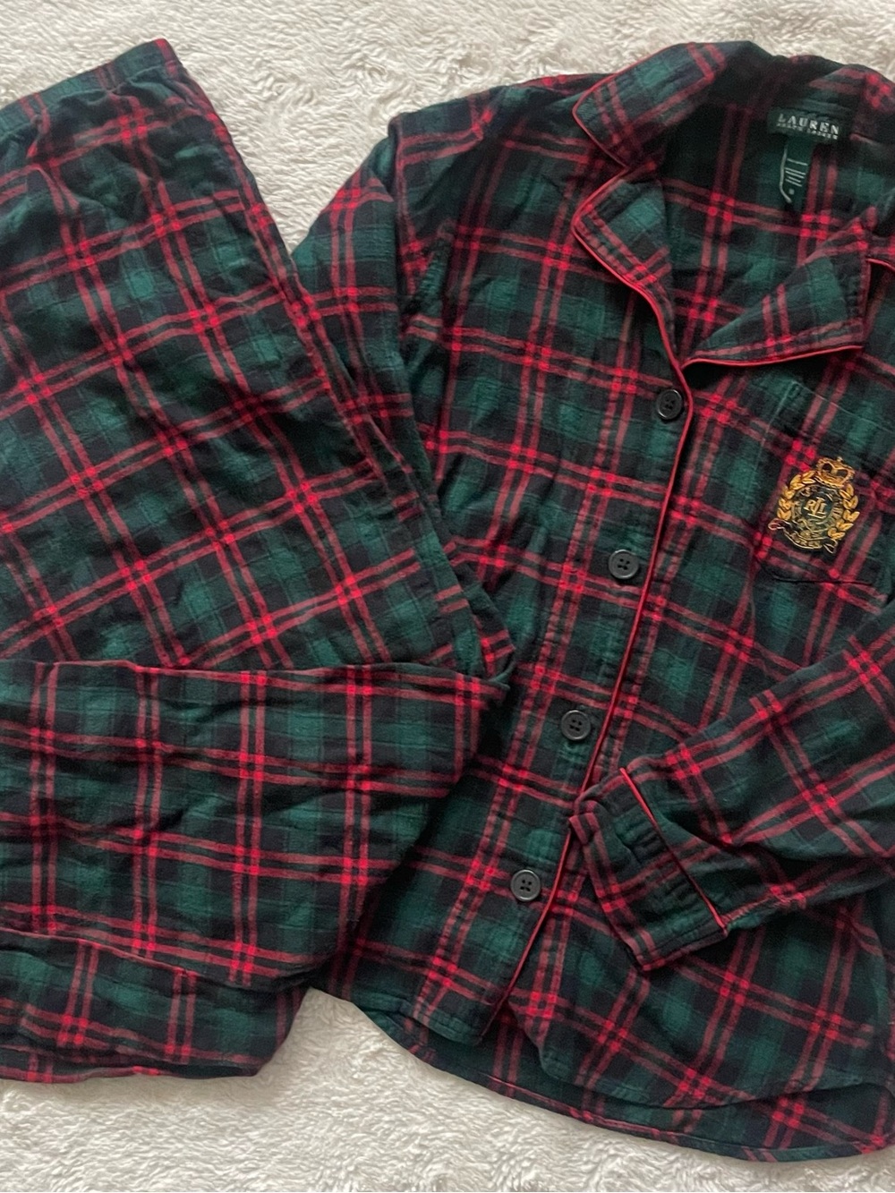 Lauren Ralph Lauren Green & Red Plaid Button-Front Pajama Set with Crest